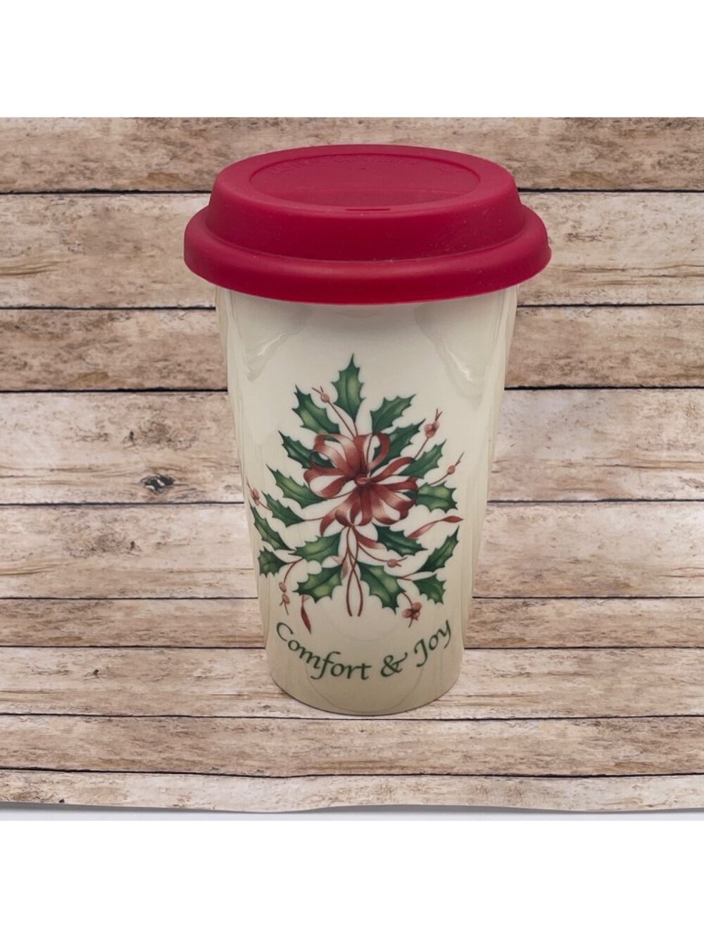 LENOX American by Design Holiday Comfort & Joy 12oz Travel Mug Cup Holly Ivory
